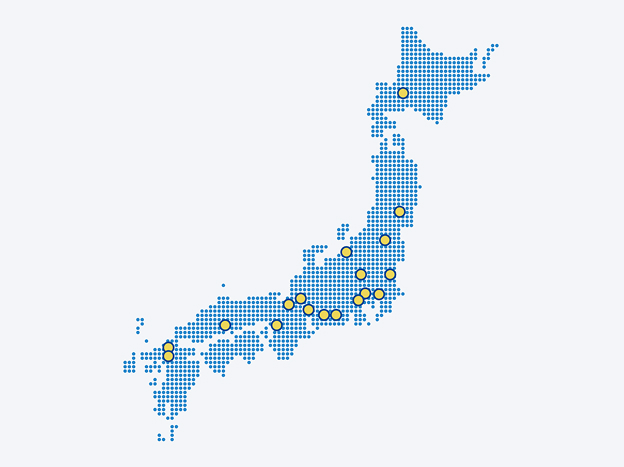 日本地図上に、メガEXP便の全国の物流拠点（営業所）の所在地を示したネットワークマップ。